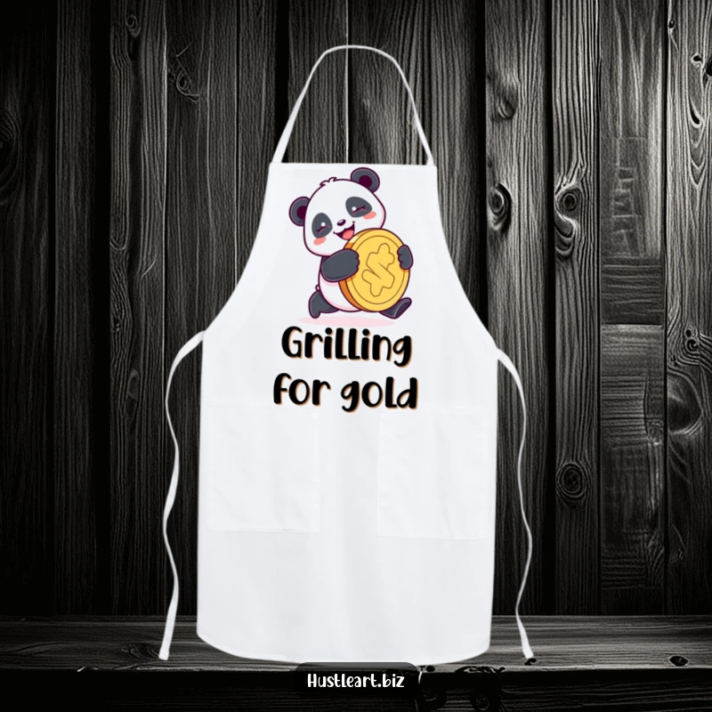 Funny Panda Coin Apron showcasing a happy panda pushing a giant coin with a determined smile, perfect for kitchen use with a lucky theme.