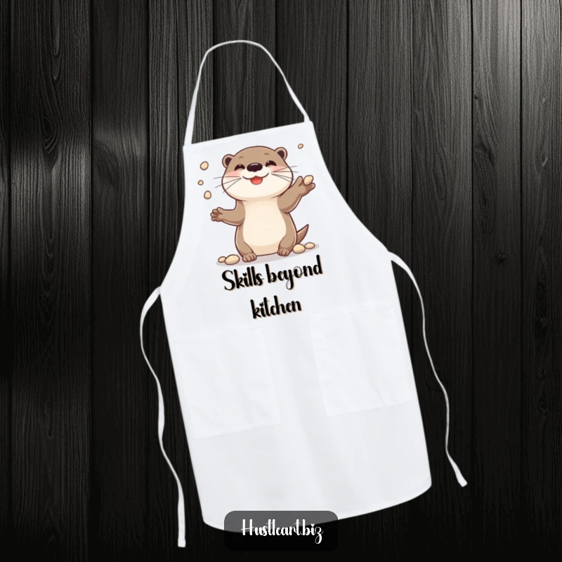 Funny apron with a cheerful otter smiling while juggling small shiny pebbles, ideal for cooking.