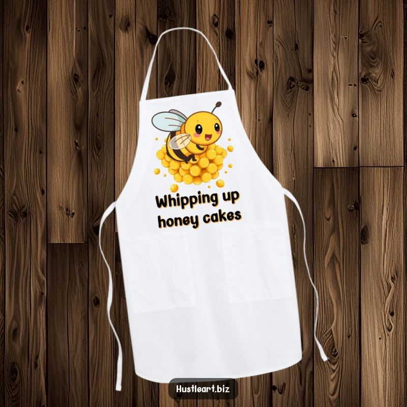 Funny apron with a busy bee buzzing energetically around golden honeycombs, ideal for cooking.