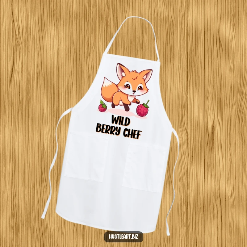 Funny apron with a playful fox with a determined gaze chasing a rolling berry, ideal for cooking.
