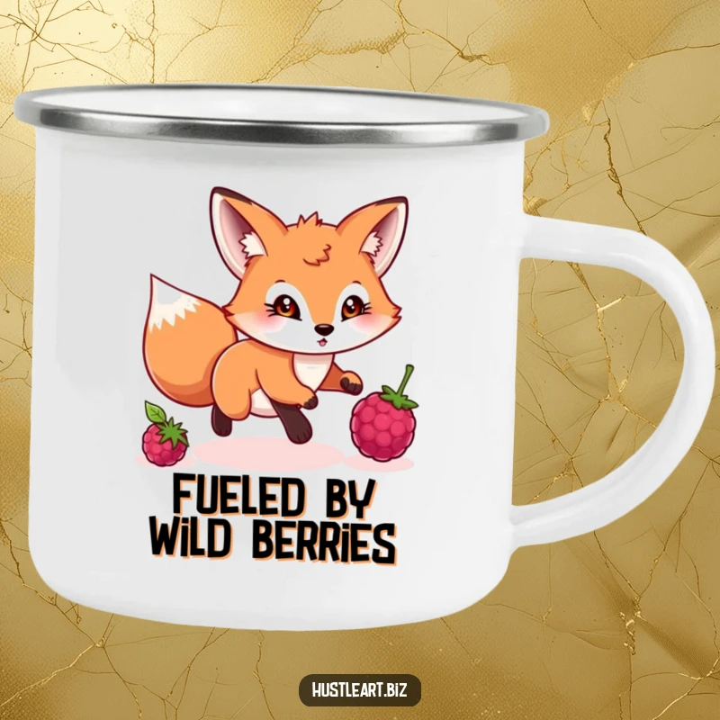 Funny camping mug showing a playful fox with a determined gaze chasing a rolling berry, perfect for the outdoors.