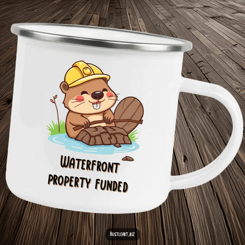 Funny camping mug showing a happy beaver wearing a hard hat, building a dam out of twigs, perfect for outdoors.
