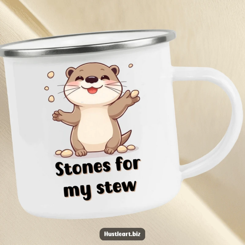 Funny camping mug showing a cheerful otter smiling while juggling small shiny pebbles, perfect for the outdoors.