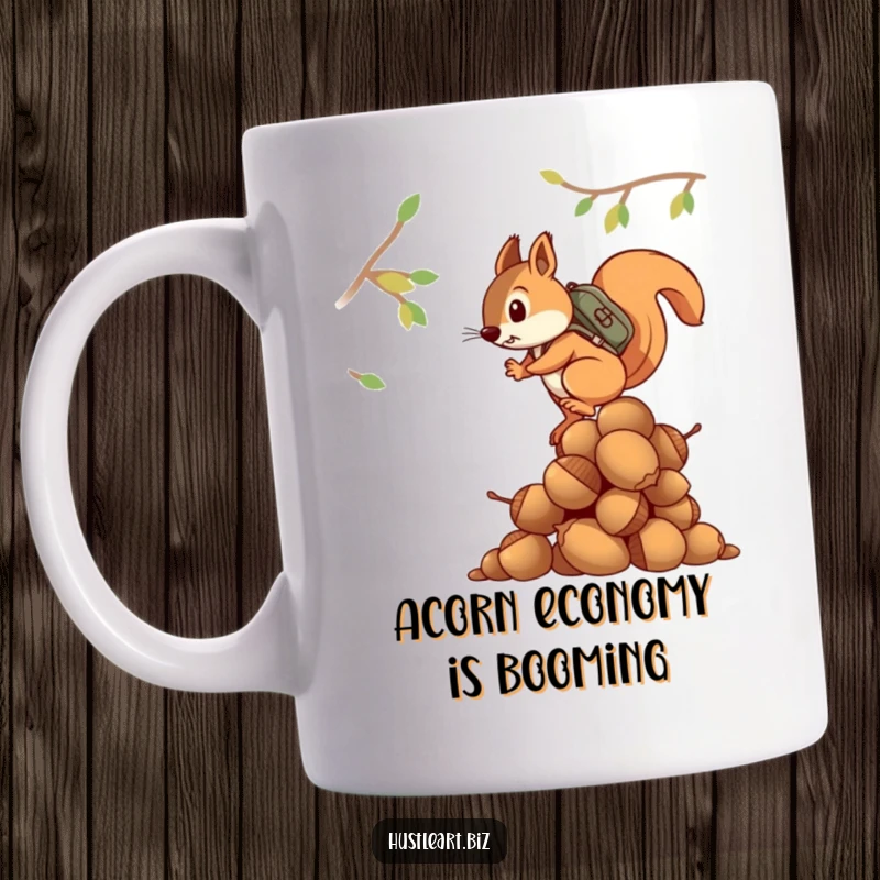 Funny mug showing a determined squirrel with a backpack climbing a huge pile of acorns, ready for adventure.