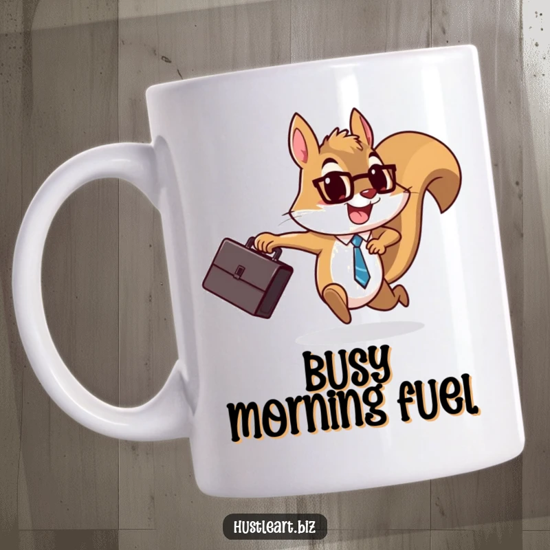 Funny Squirrel Briefcase Mug featuring a determined squirrel running energetically with a large briefcase and a cheerful expression, ready for business.
