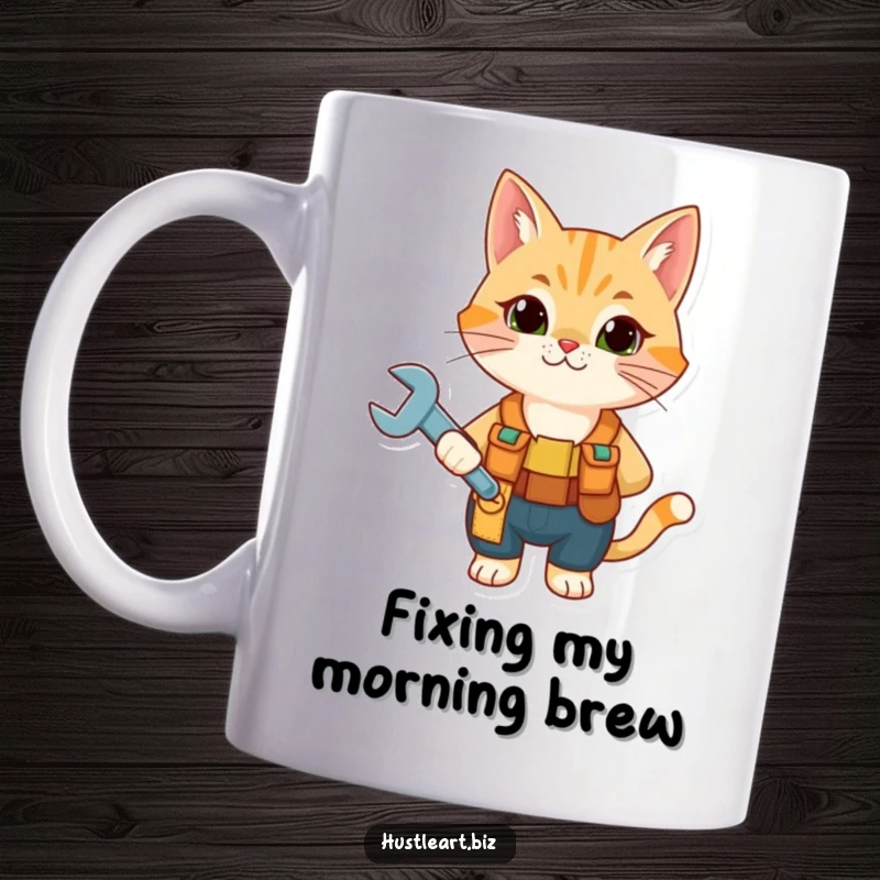 Funny Cat Mechanic Mug with a curious cat wearing a tool belt and holding a wrench, ready for DIY projects, a humorous gift.