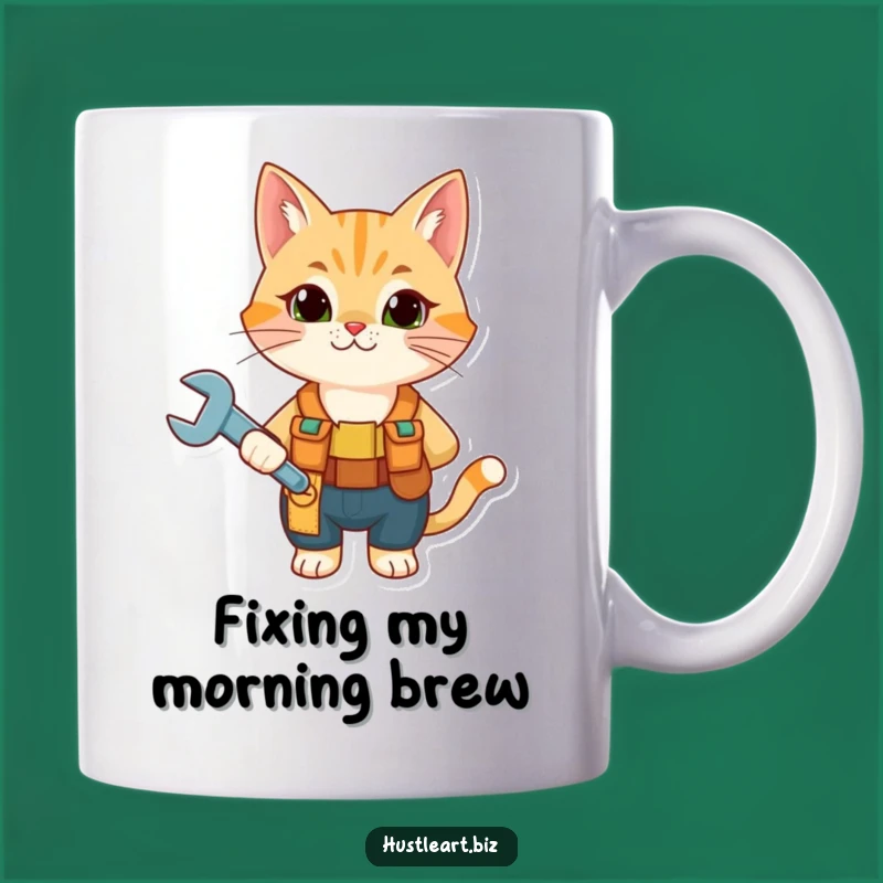 Funny Cat Mechanic Mug - Curious Feline Fixer Tool Belt Wrench Gift