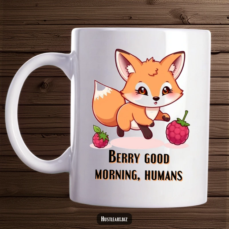 Funny mug showing a playful fox with a determined gaze chasing a rolling berry with intense focus.