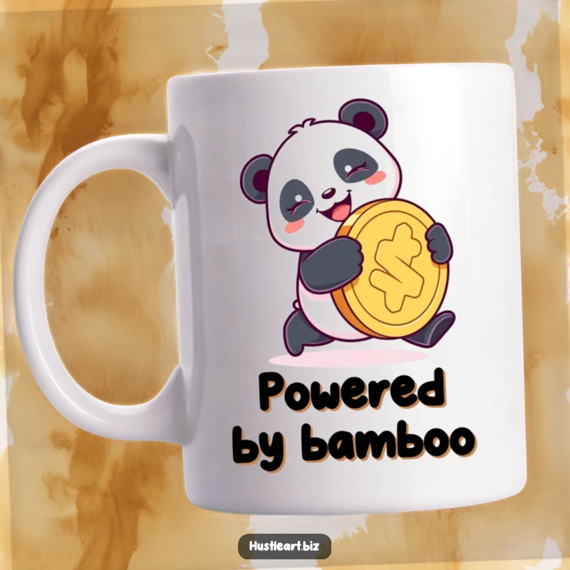 Funny Panda Coin Mug featuring a happy panda pushing a giant coin with determination, symbolizing luck and perseverance with humor.