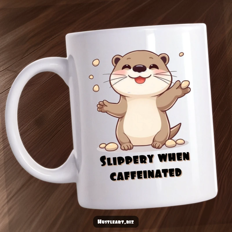 Funny mug showing a cheerful otter smiling while juggling small shiny pebbles with impressive skill.