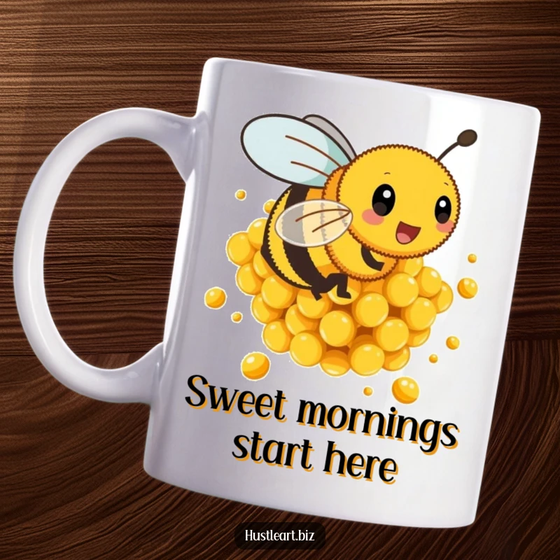 Funny mug showing a busy bee energetically buzzing around a pile of golden honeycombs, full of life.