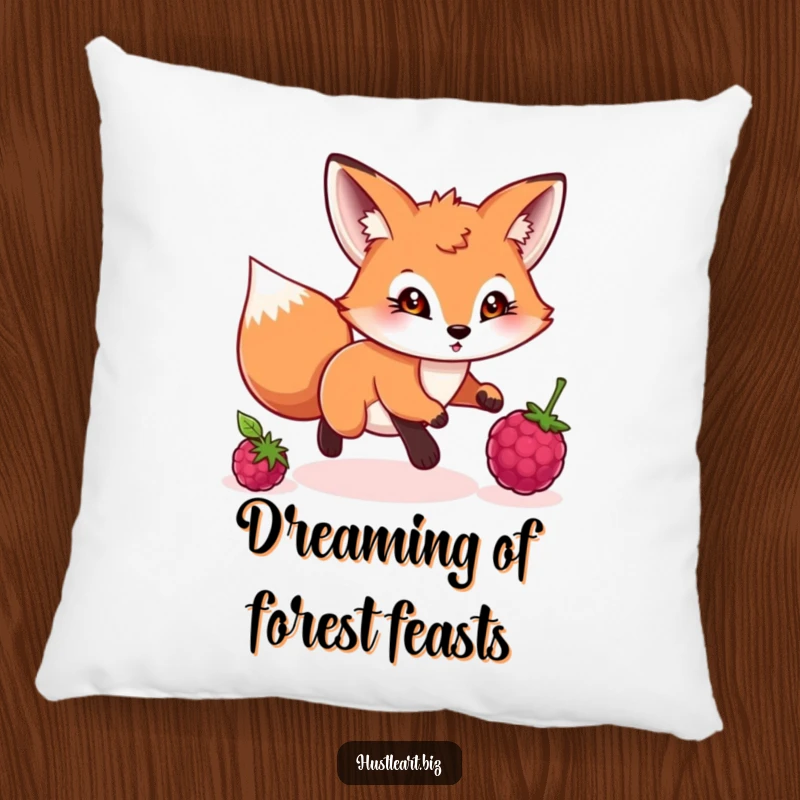 Funny pillow showing a playful fox with a determined gaze chasing a rolling berry, perfect for lounging.