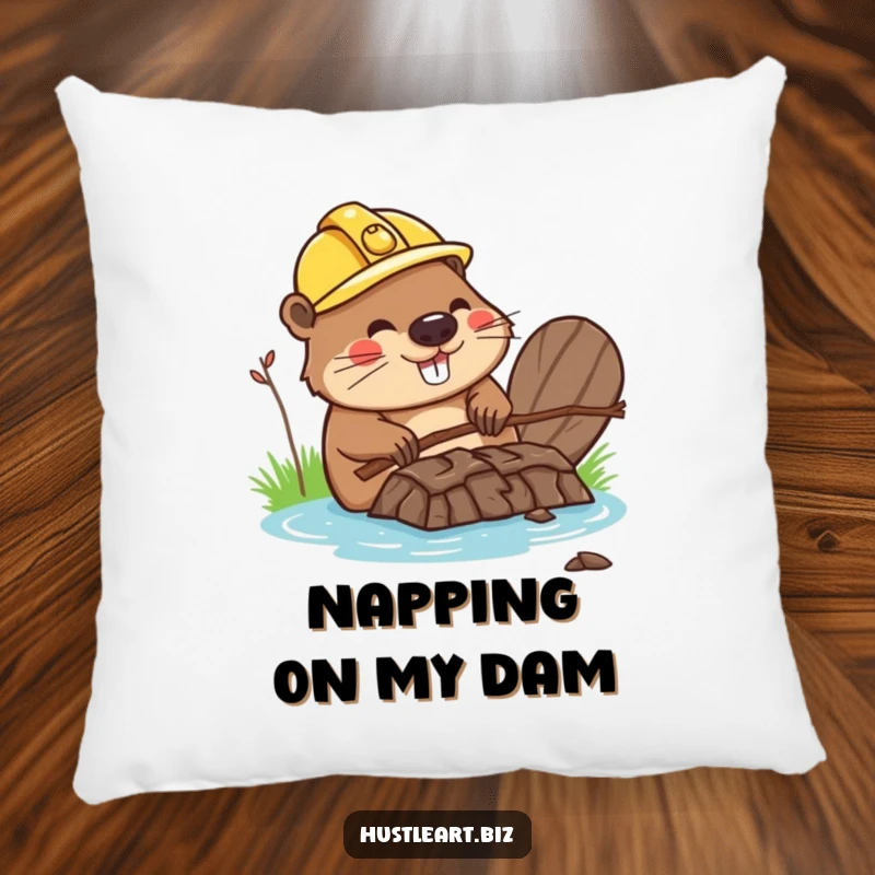 Funny pillow showing a happy beaver with a hard hat, building a dam out of twigs, perfect for lounging.