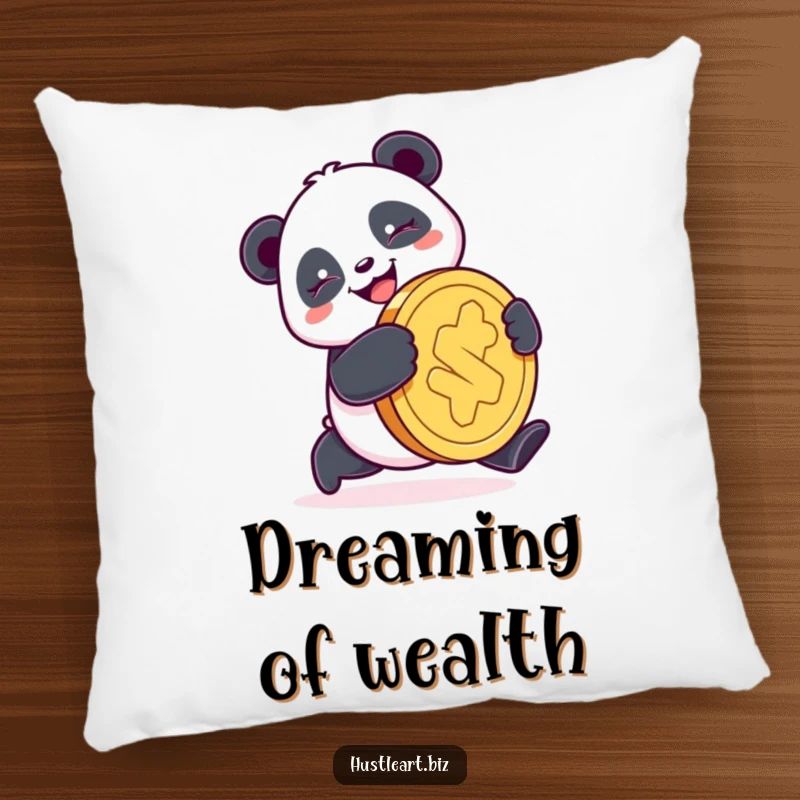 Funny Panda Coin Pillow with a design of a happy panda pushing a giant coin, offering comfort and humorous luck-themed charm.