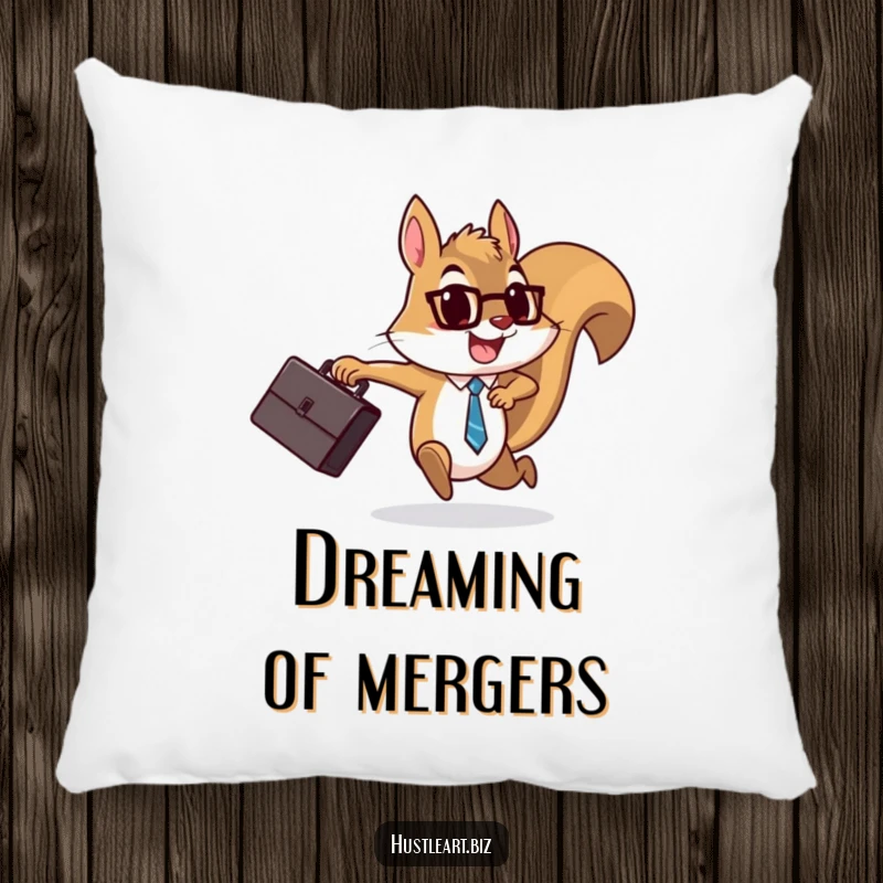 Funny Squirrel Briefcase Pillow with a design of a determined squirrel running with a briefcase, offering comfort and humorous motivation.