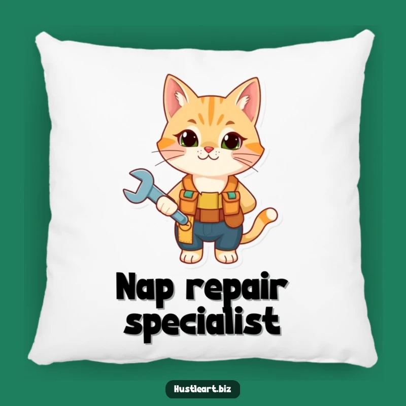 Funny Cat Mechanic Pillow - Cute Tool Belt Wrench Feline Decor Gift