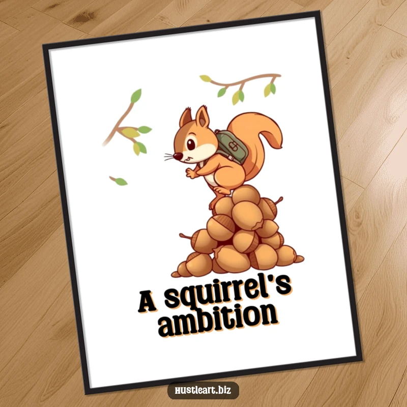 Funny digital art print of a determined squirrel with a backpack climbing a massive stack of acorns, wall decor.