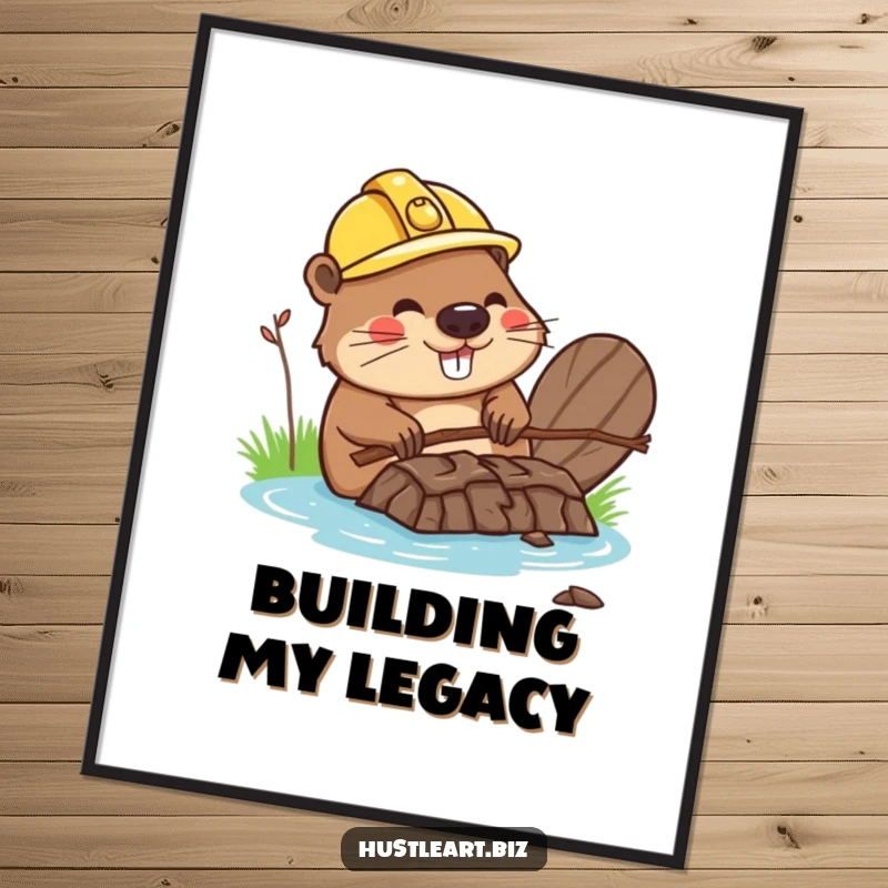 Funny digital art print of a happy beaver wearing a hard hat, building a dam out of twigs, wall decor.