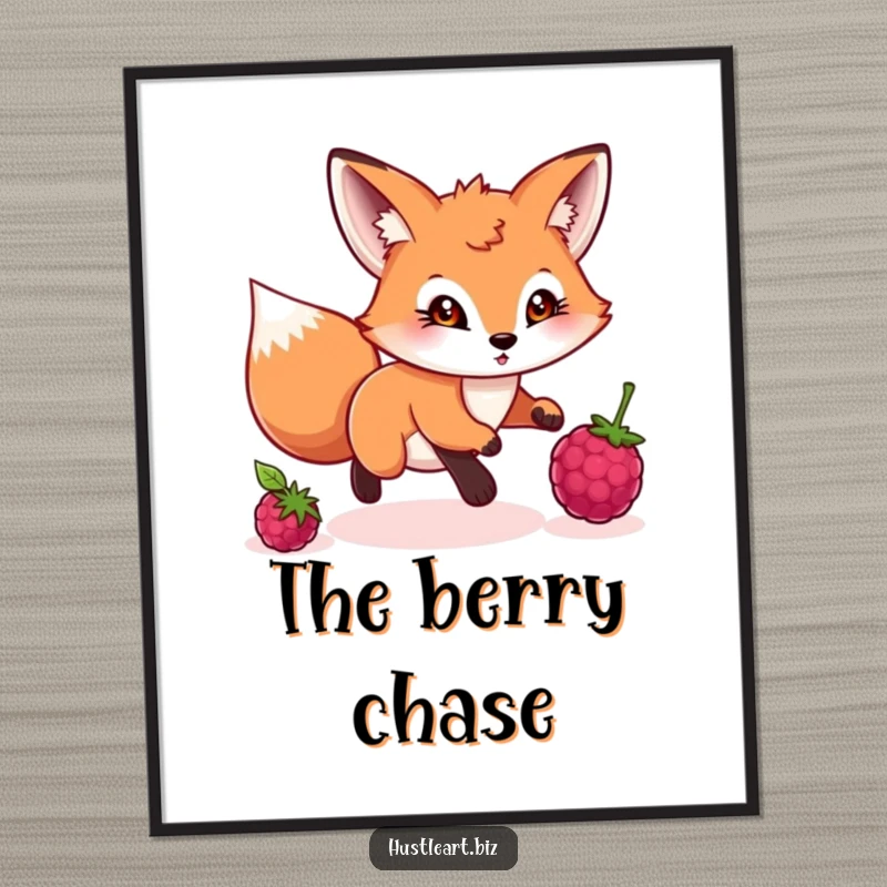Funny digital art print of a playful fox with a determined gaze chasing a rolling berry, wall decor for an adventurous home.