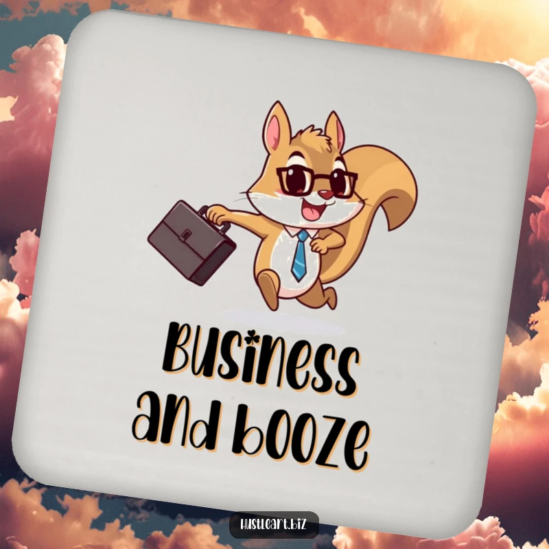 Funny Squirrel Briefcase Coaster featuring a determined squirrel running with a briefcase, perfect for protecting furniture with a humorous business theme.