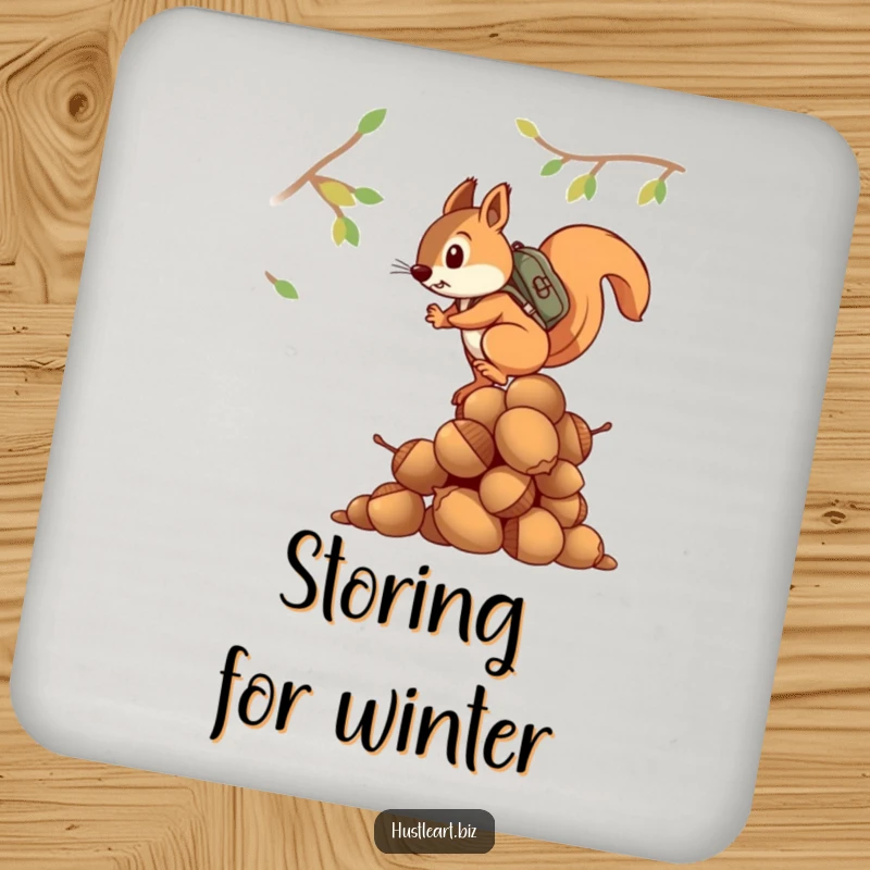 Funny drink coaster featuring a determined squirrel with a backpack climbing a huge pile of acorns, protecting surfaces.