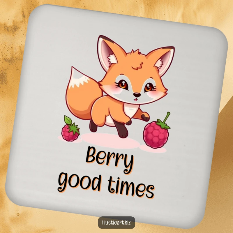 Funny drink coaster featuring a playful fox with a determined gaze chasing a rolling berry, protecting surfaces.