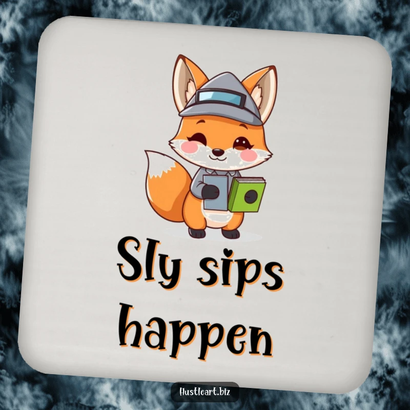Funny Fox Business Hat Coaster featuring a playful fox carrying stacked papers and wearing a tiny business hat, perfect for protecting furniture with wit.