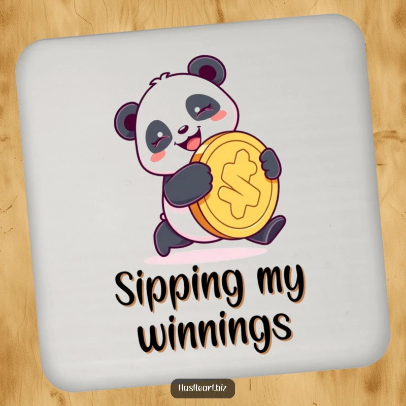 Funny Panda Coin Coaster featuring a happy panda pushing a giant coin with a determined smile, perfect for protecting furniture with a lucky theme.