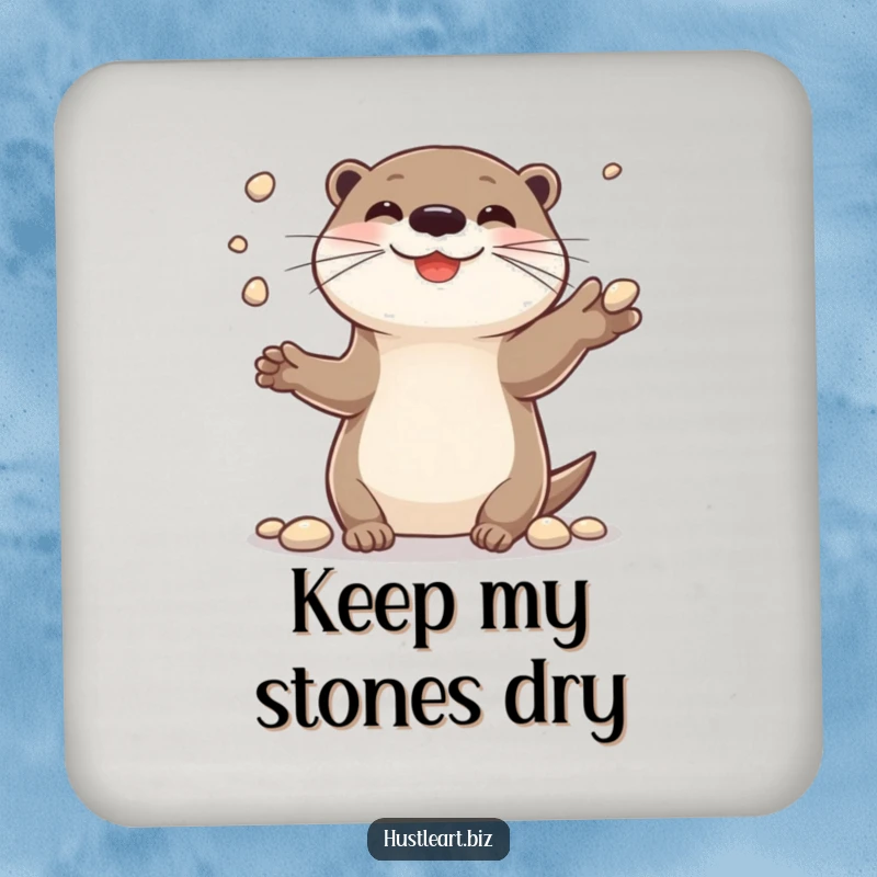Funny drink coaster featuring a cheerful otter smiling while juggling small shiny pebbles, protecting surfaces.