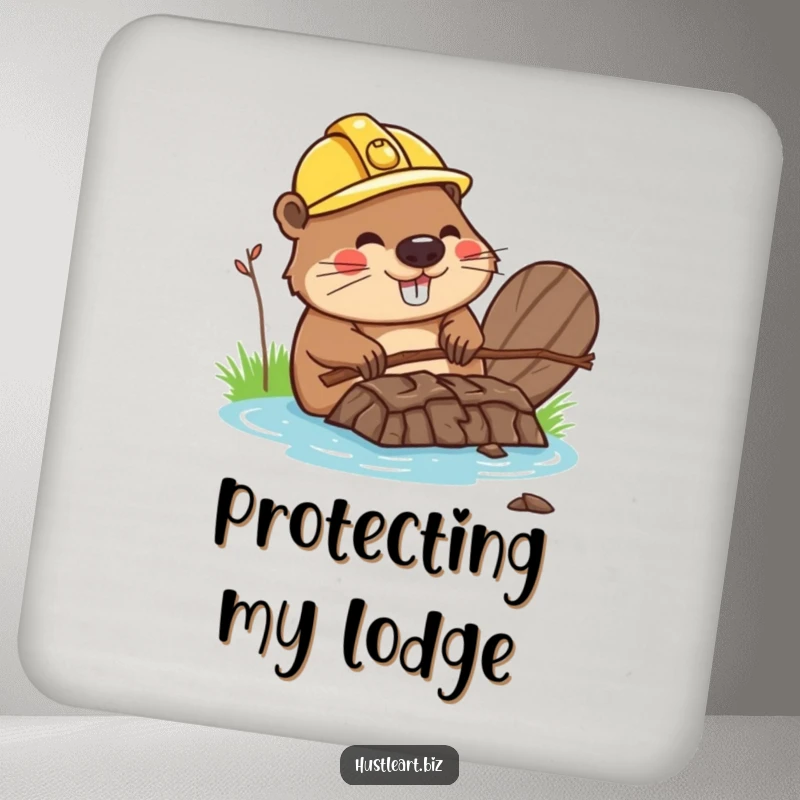 Funny drink coaster featuring a happy beaver with a hard hat, building a dam out of twigs, protecting surfaces.
