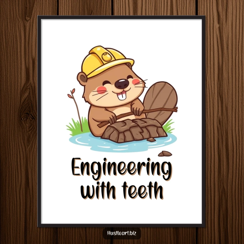 Funny poster of a happy beaver wearing a hard hat, building a dam out of twigs, bringing construction humor home.