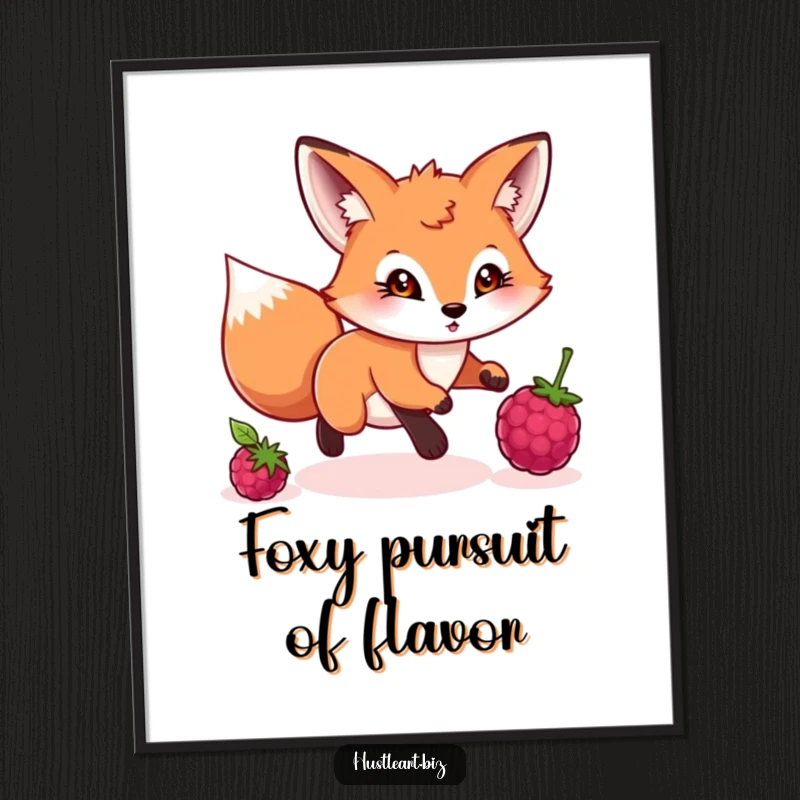 Funny poster illustrating a playful fox with a determined gaze chasing a rolling berry, adding wild charm to walls.