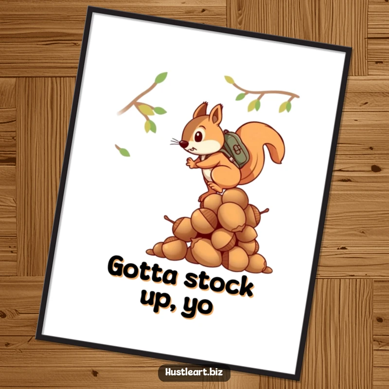 Funny poster illustrating a determined squirrel with a backpack scaling a massive pile of acorns, bringing humor to any room.