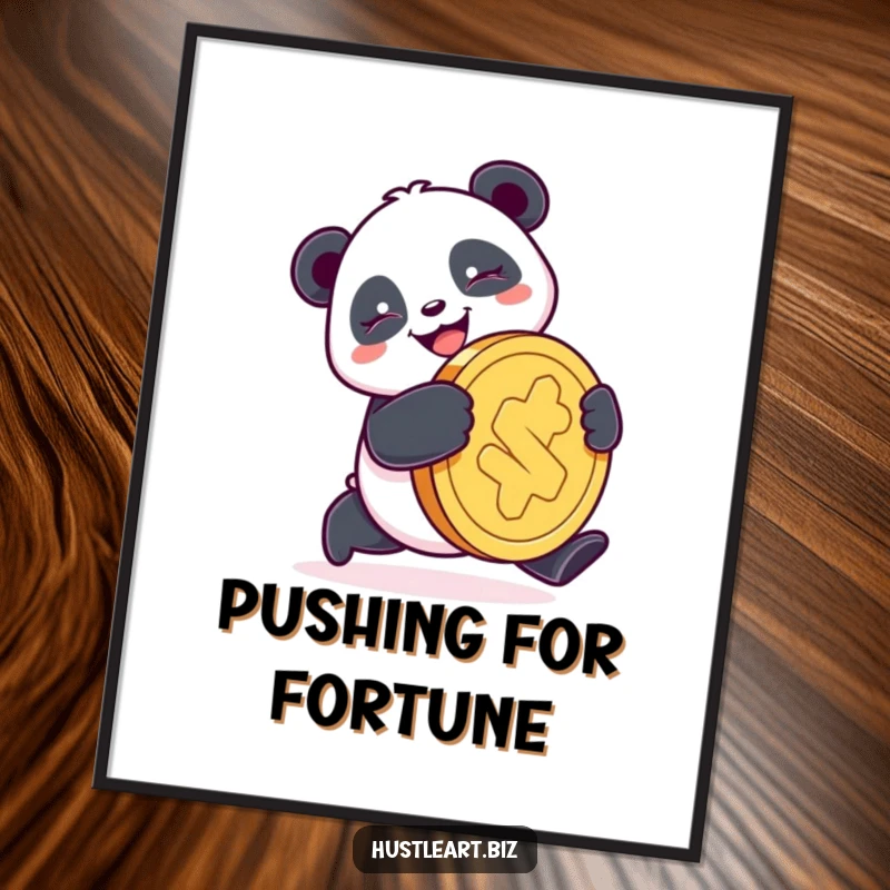 Funny Panda Coin Poster featuring a happy panda pushing a giant coin with a determined smile, great for adding luck and humor to decor.