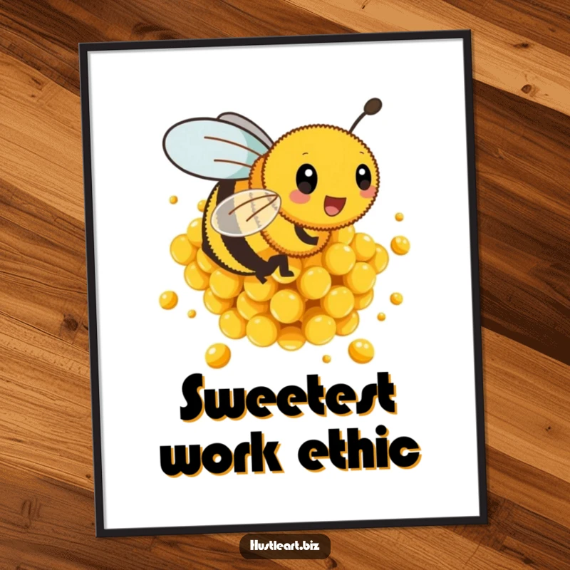Funny poster illustrating a busy bee buzzing energetically around a pile of golden honeycombs, bringing life to walls.