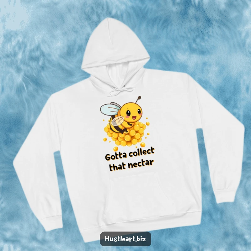 Funny hoodie with a busy bee buzzing energetically around a pile of golden honeycombs, perfect for warmth.
