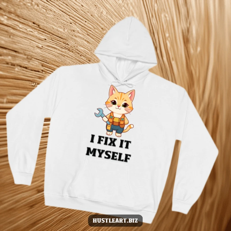 Funny Cat Mechanic Hoodie featuring a curious cat with a tool belt and wrench, embodying a humorous DIY spirit for ultimate comfort.