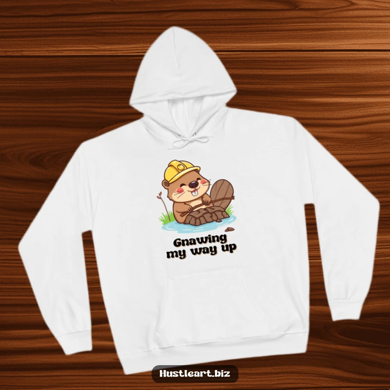 Funny hoodie with a happy beaver wearing a hard hat, building a dam out of twigs, great for warmth.