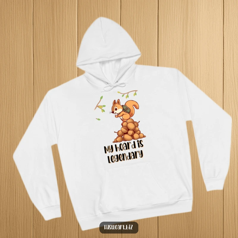Funny hoodie showing a determined squirrel with a backpack climbing a giant pile of acorns, perfect for warmth and laughter.