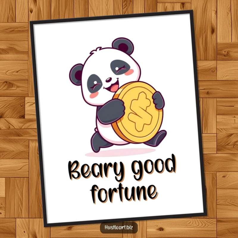 Funny Free Printable Wall Art: A happy panda with a determined smile pushes a giant coin, symbolizing luck, prosperity, and cheerful perseverance.