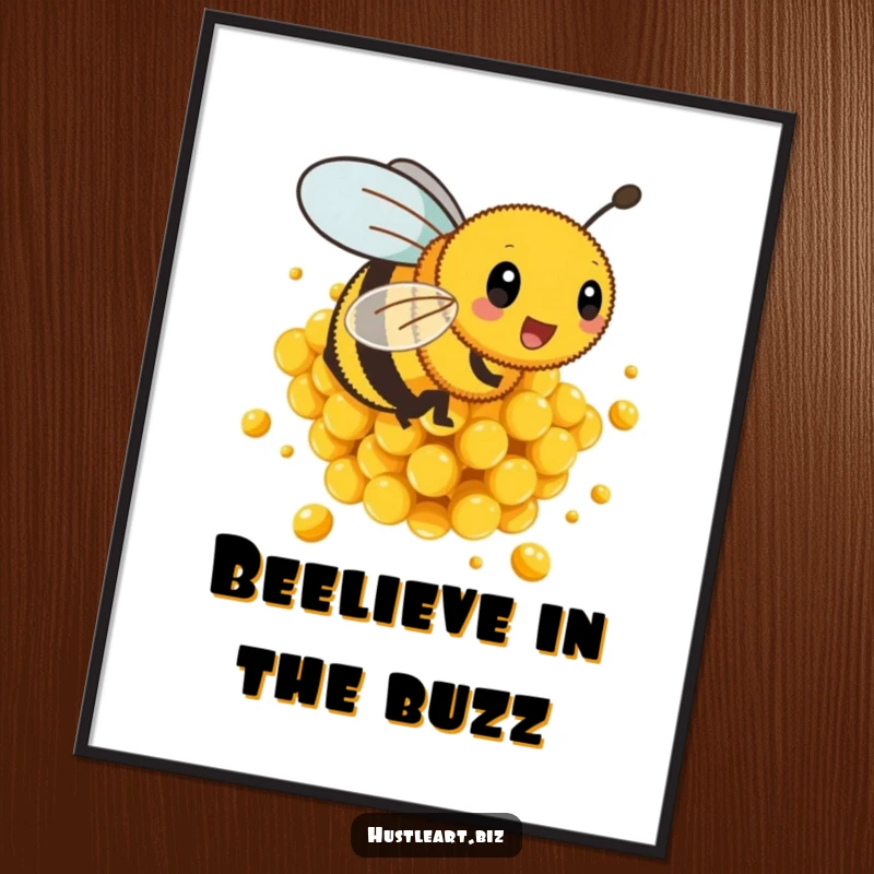 Funny Free Printable Wall Art: Busy bee energetically buzzing around a large, glistening pile of golden honeycombs.