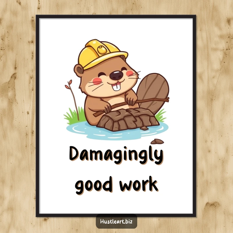 Funny Free Printable Wall Art: Happy beaver in hard hat constructing a twig dam with cheerful determination.