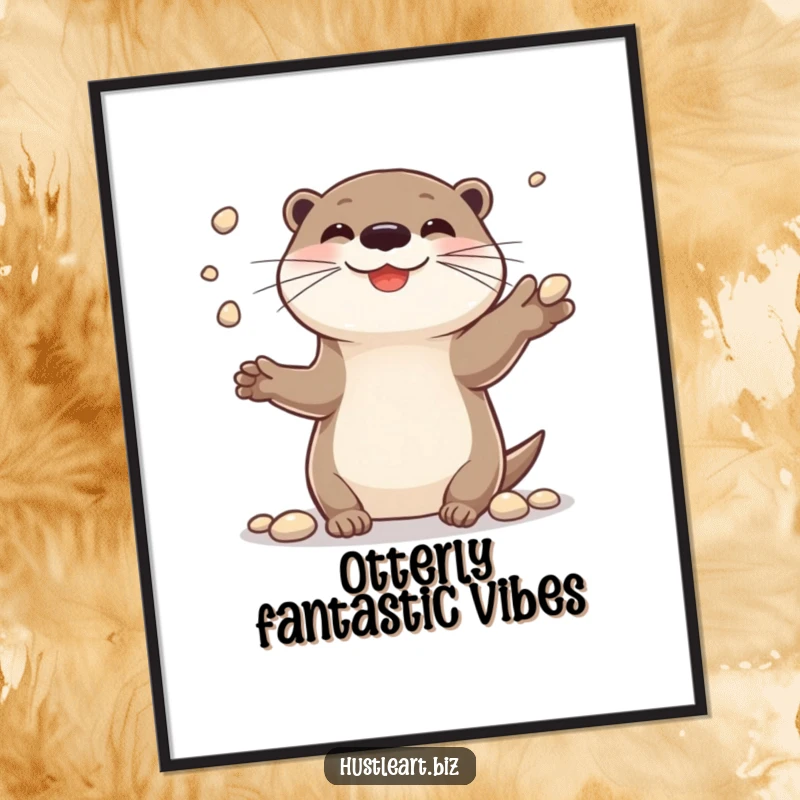 Funny Free Printable Wall Art: Cheerful otter joyfully juggling shiny pebbles with a big, happy smile.