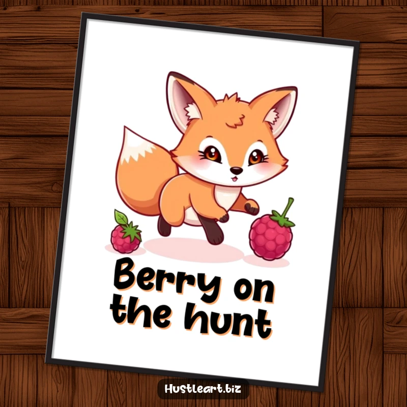 Funny Free Printable Wall Art: Playful fox with determined eyes chasing after a rolling berry.