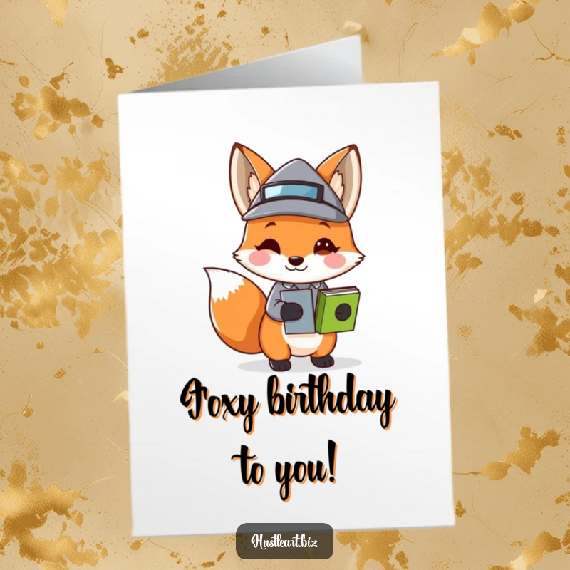 Funny Free Printable Birthday Card: A playful fox in a business hat juggles papers, wishing happy birthday with corporate charm and a cheeky grin.