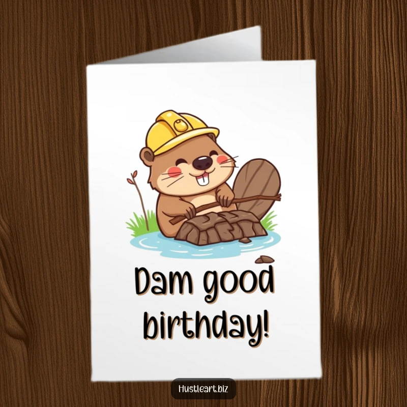 Funny Free Printable Birthday Card: Happy beaver in hard hat diligently building a twig dam, celebrating a birthday.