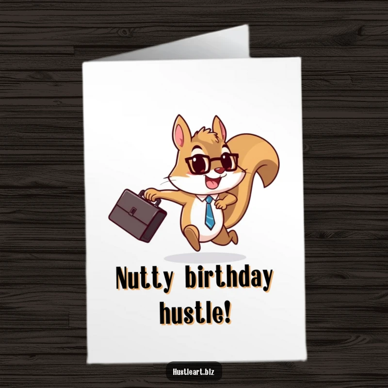 Funny Free Printable Birthday Card: A determined squirrel in a suit rushes with a briefcase, wishing happy birthday with energetic business flair.