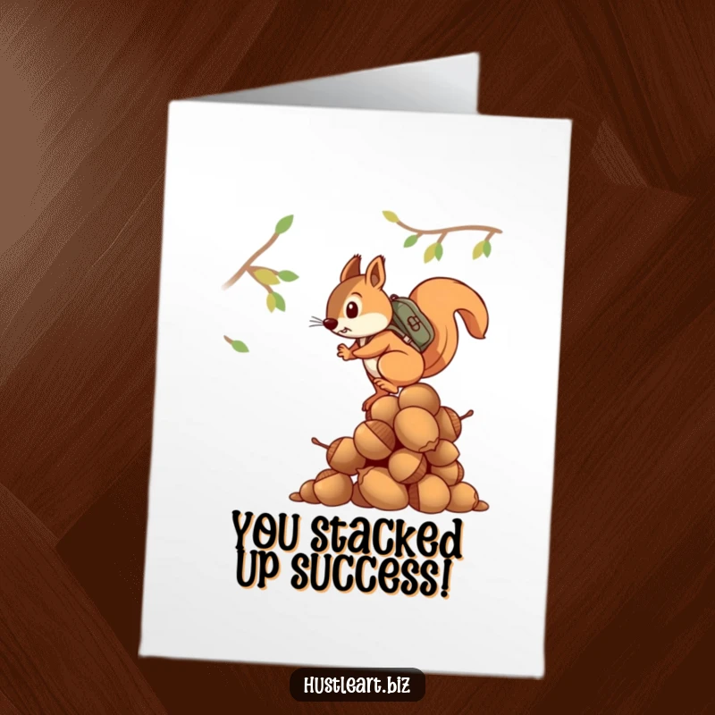 Funny Free Printable Congrats Card: Squirrel mascot conquering acorn mountain, symbolizing achievement and hard work.