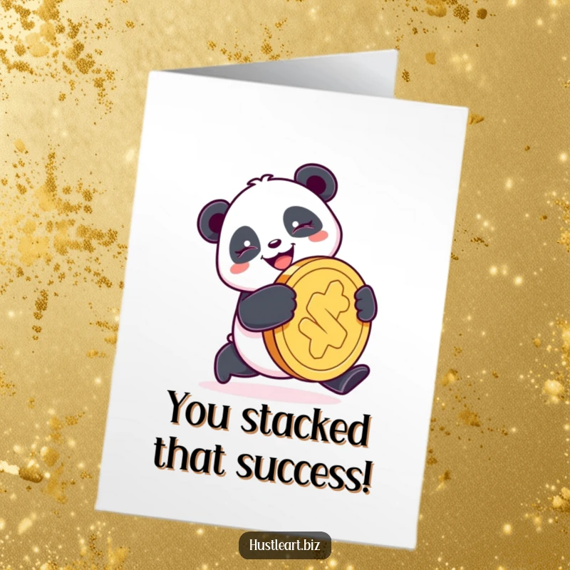 Funny Free Printable Congratulations Card: A happy panda with a determined smile pushes a large coin, symbolizing a successful and fortunate new venture.