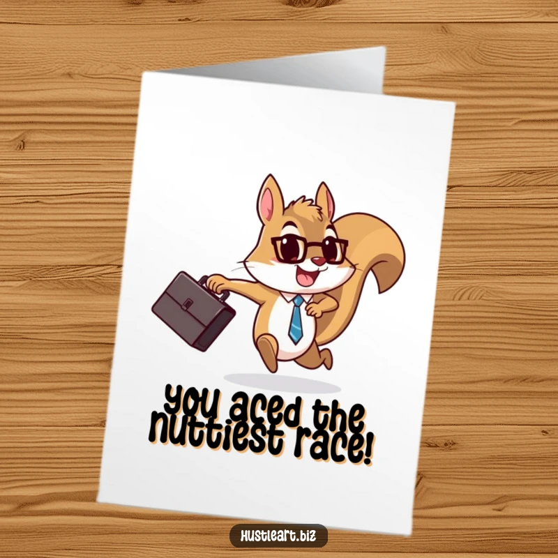 Funny Free Printable Congratulations Card: A determined squirrel with a briefcase looks cheerful, celebrating a business success with enthusiastic energy.